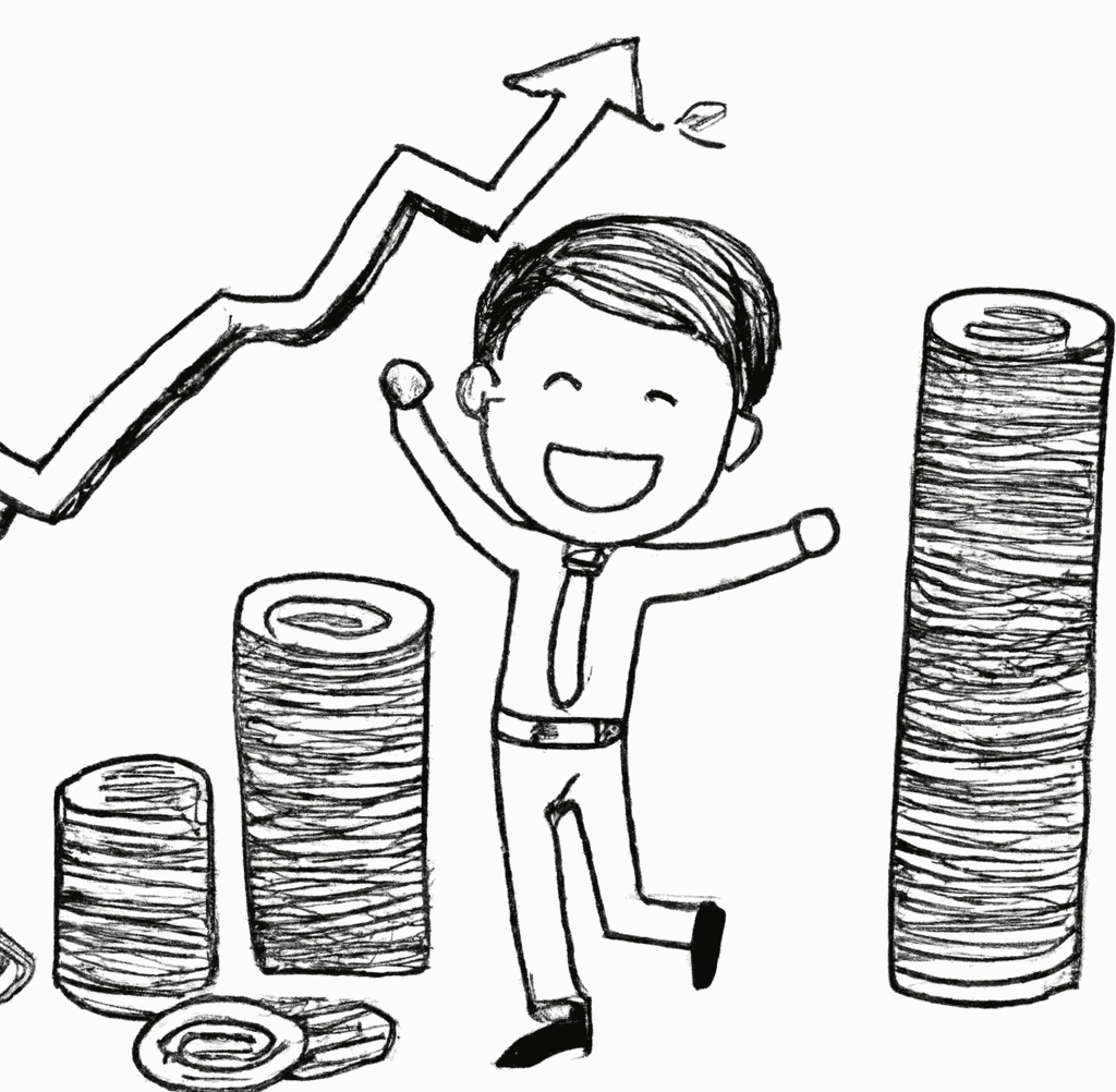cartoon drawing of happy man in front  of column chart made of coins