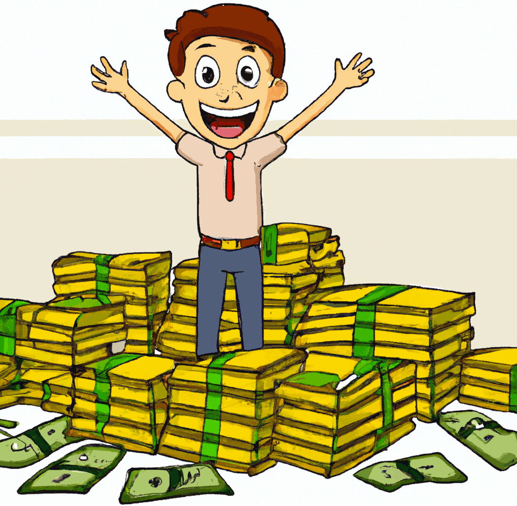cartoon drawing of happy man in front big pile of money