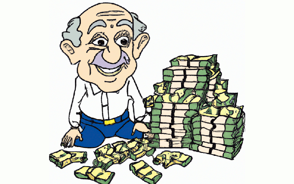 cartoon drawing of old man in front of a pile of money