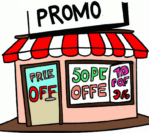 cartoon drawing of shop with many promo offers