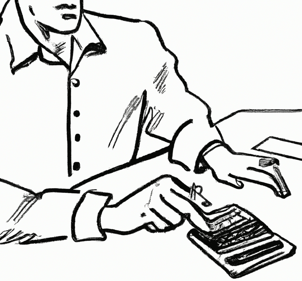 drawing of a men behind the desk calculating prices on calculator