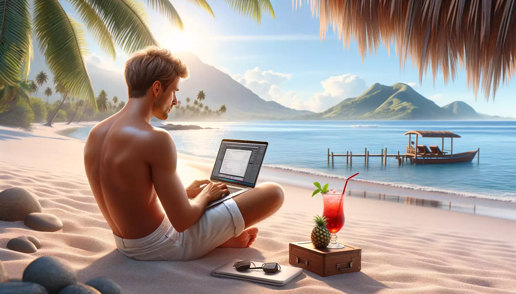 photo of a man sitting on a beach with a laptop